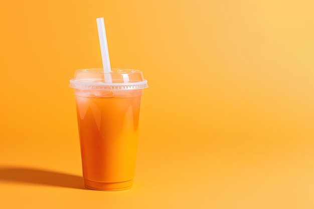 Oranje kleur drankje in een plastic beker geïsoleerd op een oranje kleur achtergrond Take-away drankjes concept