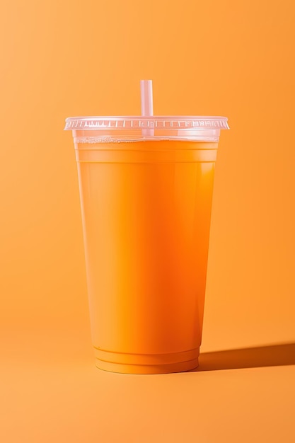 Oranje kleur drankje in een plastic beker geïsoleerd op een oranje kleur achtergrond Take-away drankjes concept