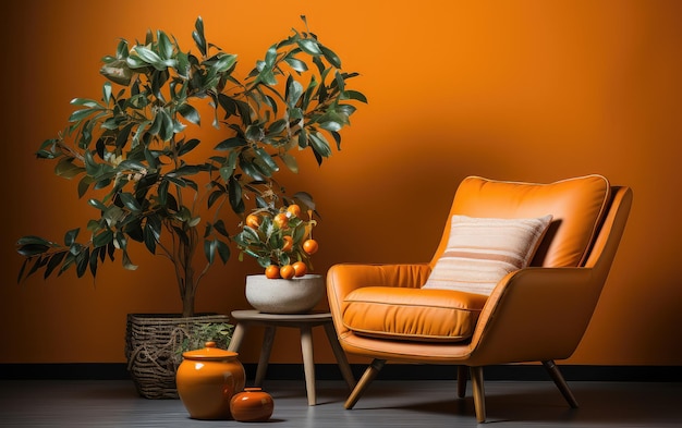 Oranje kleur thema woonkamer interieur met meubels