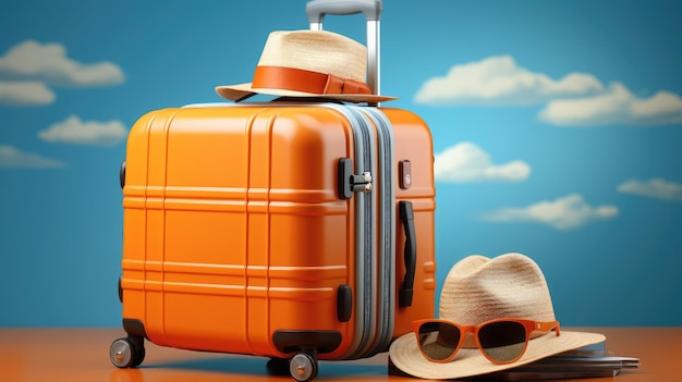 oranje koffer met zonnebril hoed en camera Generative Ai