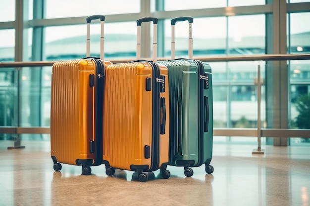 Oranje koffers op een rij op een luchthaven