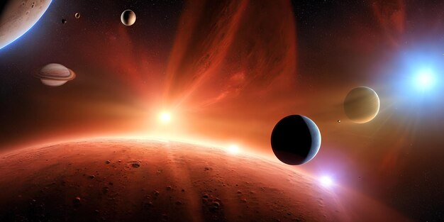 Oranje kosmische energie, planeten en sterren in de diepe ruimte