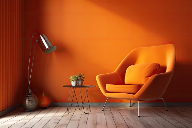 Oranje leunstoel en lege oranje muur op de achtergrond AI digitale afbeelding