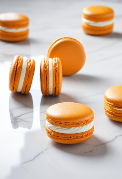 Oranje macaron met witte room op marmeren vloer.