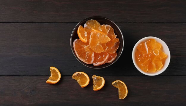 Oranje marmelade op een houten bruine tafel met een zwarte achtergrond Thee met gesneden sinaasappel