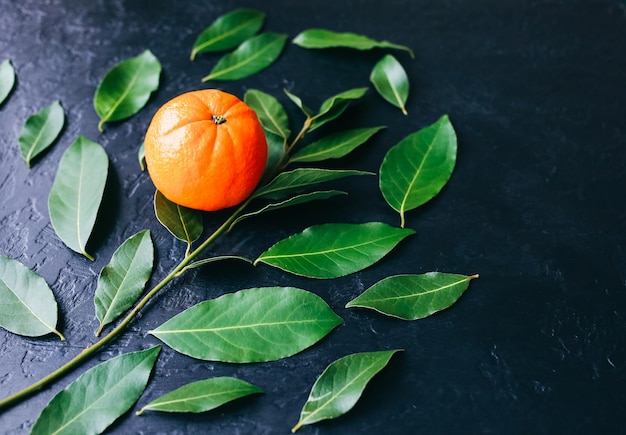 Oranje met groene bladeren op zwarte achtergrond Gezonde levensstijl foto Mooi behang Vegetarisch en veganistisch concept Vitaminen uit de natuur