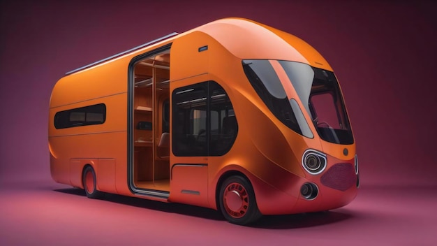 Oranje moderne bus op een paarse achtergrond generatieve ai