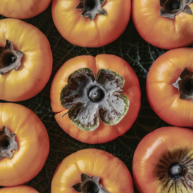 Oranje persimmon vruchten op een zwarte achtergrond Rijke en sappige persimmon fruit close-up