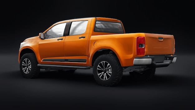 Oranje pick-up auto op een witte achtergrond. 3D-rendering.