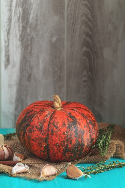 Oranje Pompoen en ingrediënten voor het smakelijke vegetarische koken