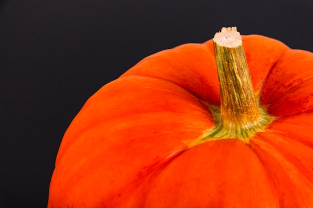 Oranje pompoen met een stengel close-up op een zwarte achtergrond herfst achtergrond copy space