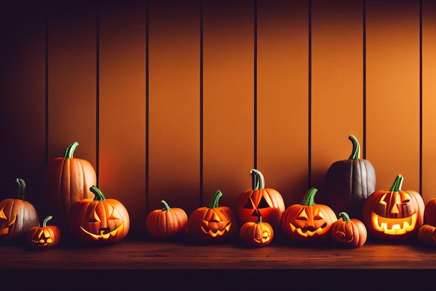 Oranje pompoenen liggend op een houten tafel Pompoenen voor de Halloween-vakantie