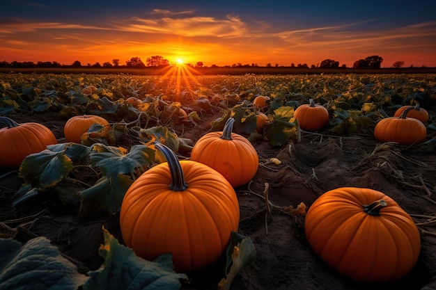 Oranje pompoenen op het veld