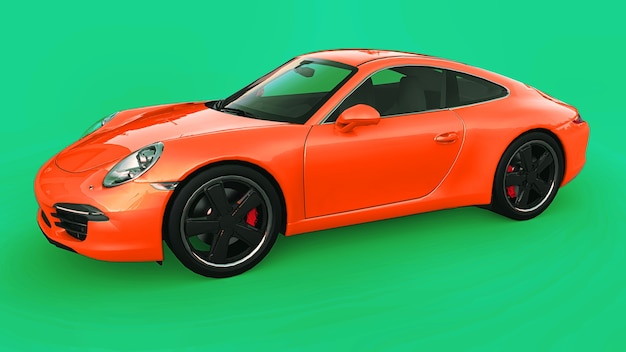 Oranje porsche 911 driedimensionale rasterillustratie op een groene achtergrond. 3d-rendering.