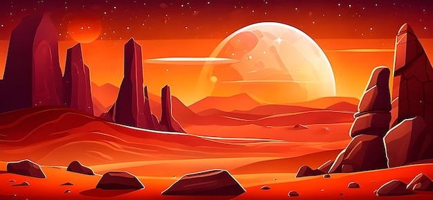 Oranje rotsachtige buitenaardse landschap met een grote planeet in de lucht in cartoon stijl