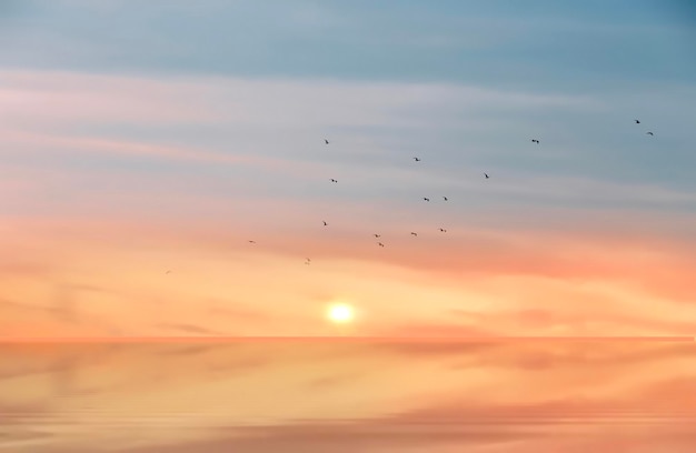 oranje roze geel lila bewolkt zonsondergang op zee op avond strand zonnestraal reflectie