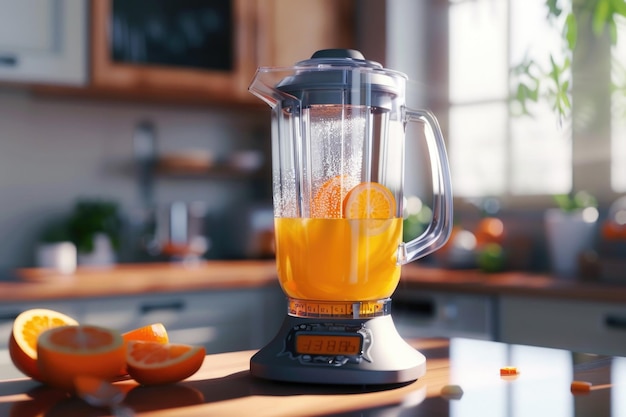 Oranje sap blender machine in de keuken interieur blender