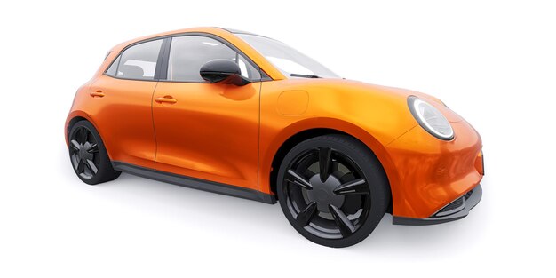 Oranje schattige kleine elektrische hatchback auto 3D illustratie