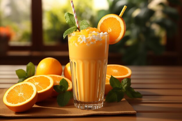 Oranje smoothie in een glas met gestreepte stro en fruit