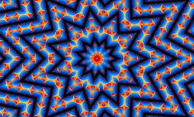 Oranje stralensterren op de jaren '70 van het blauwe gradiënt retro geweven patroon. Abstracte unieke caleidoscoopachtergrond. Mooi caleidoscoop naadloos patroon. Naadloze caleidoscooptextuur