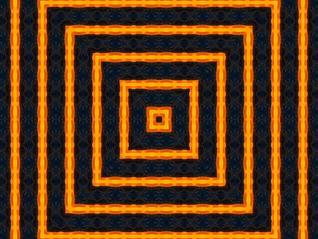 Oranje stralensterren op zwarte retro geweven patroonjaren '70. Abstracte unieke caleidoscoopachtergrond. Mooi caleidoscoop naadloos patroon. Naadloze caleidoscoop textuur.
