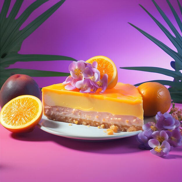 Foto oranje taart met fruit en bloemen op een paarse achtergrond