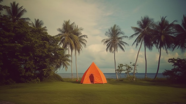 Oranje tent midden op het strand met rondom palmbomen