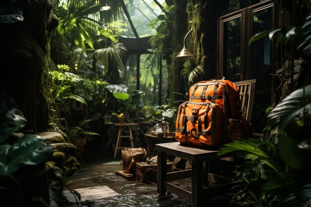 Oranje toeristische rugzak in een verlaten gebouw in de jungle