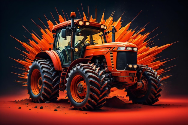 Foto oranje tractor met grote wielen op een donkere achtergrond generatieve ai