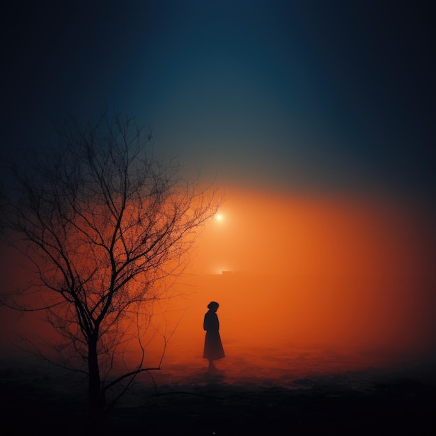 oranje ultra minimalistisch landschap mist rook professionele trendfotografie mysterieus silhouet