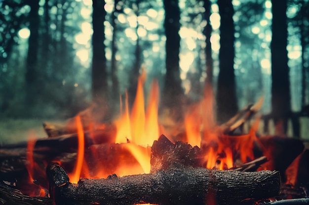 Oranje vlammen van brandend kampvuur in het bos