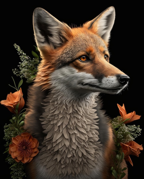 Oranje vosportret met gren bloemen zwarte achtergrondafbeelding generatieve ai