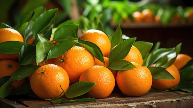 Oranje vruchten met bladeren op een houten tafel Rijpe mandarijnen op een marktkraam close-up
