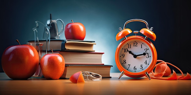 Oranje wekker met rode appel en schoolmateriaal Terug naar de achtergrond van het schoolconcept
