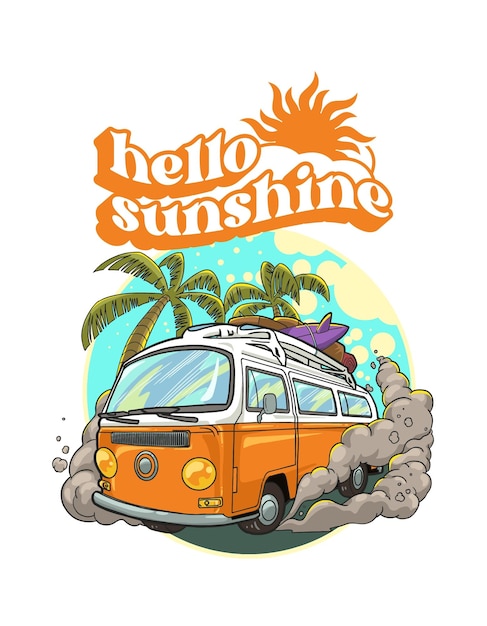 Foto oranje-witte cartoon illustratie hello sunshine leuk t-shirt 1