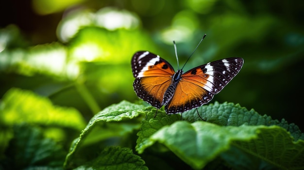 Oranje-witte en zwarte vlinder op groen blad