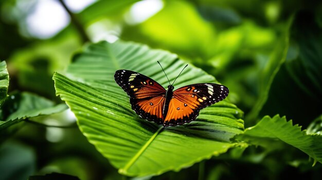 Oranje-witte en zwarte vlinder op groen blad