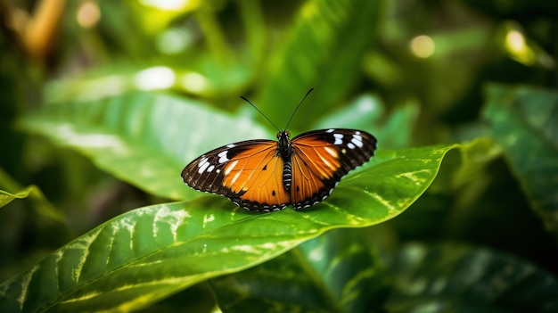 Foto oranje-witte en zwarte vlinder op groen blad