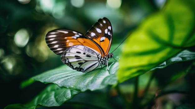 Oranje-witte en zwarte vlinder op groen blad