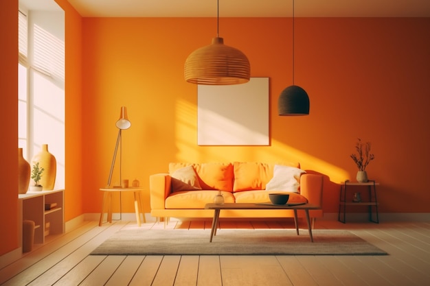 Oranje woonkamer met een witte tafel en een lamp erop.