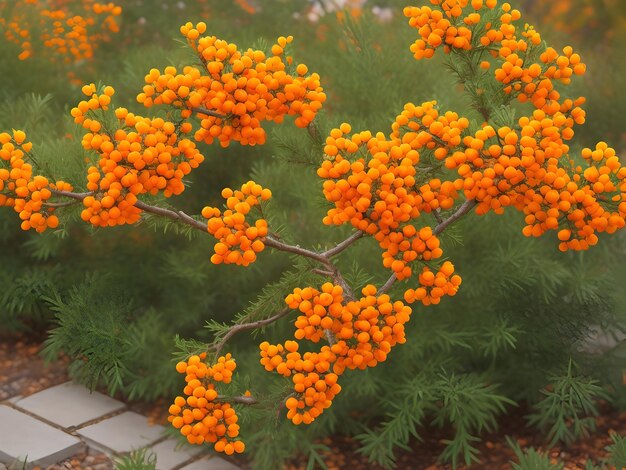 Oranje zeedorn op een struik die in de tuin groeit