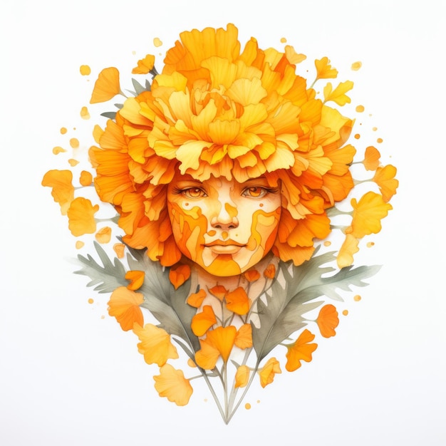 Oranjegeel aquarelportret van jonge vrouw met goudsbloem cempasuchil tagetes bloem op hoofd