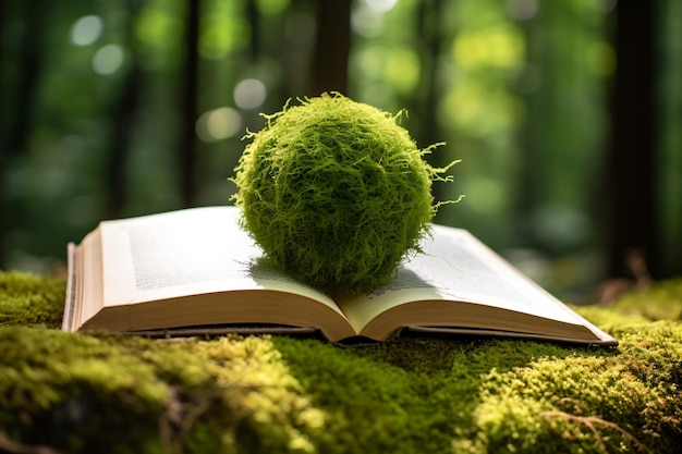 Orb of Moss on Open Book in Lush Green Forest