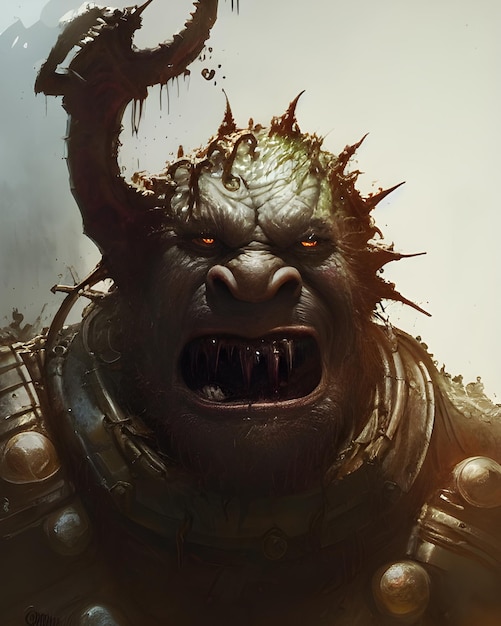 Photo orc, cute, fantasy, portrait of scruffy haired wearing metal armour, monster