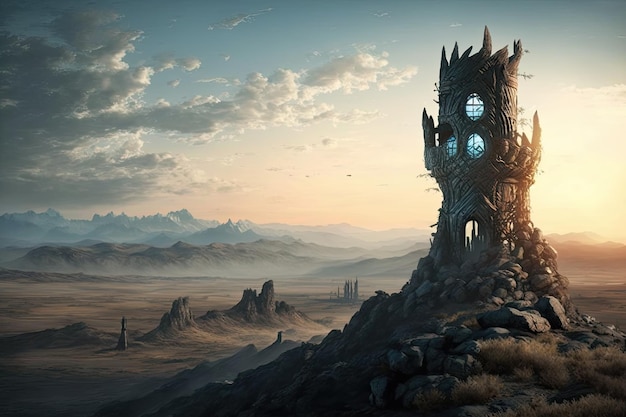 Orc-wachttoren met uitzicht op het desolate landschap van Mordor