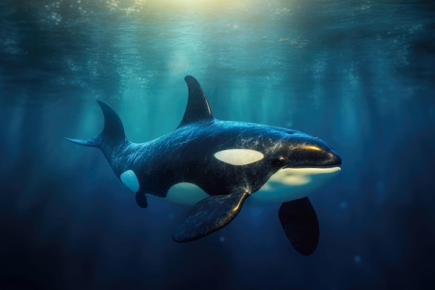 Orca killer whale gracefully moves beneath the surface of the ocean