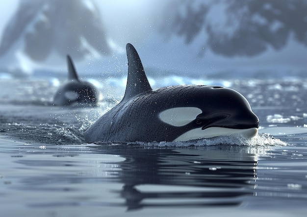 Orca balena assassina predatore marino che nuota in mare in inverno con la nevemacroai generative
