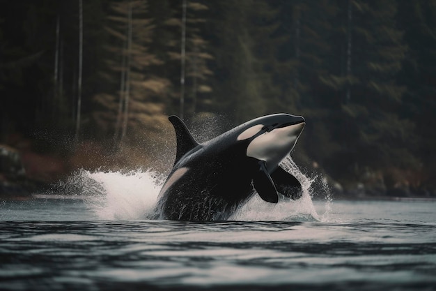 Foto balena orca che salta dall'acqua creata con l'ia generativa