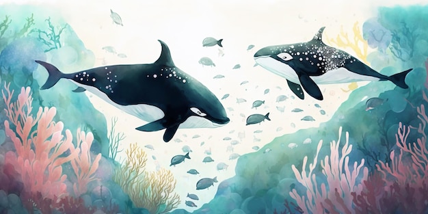 Orca whales swimming underwater with beautiful coral reefs in watercolor style Generative AI