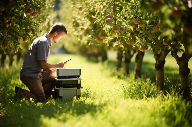 Orchard manager implementing integrated pest management techniques Fruit orchard